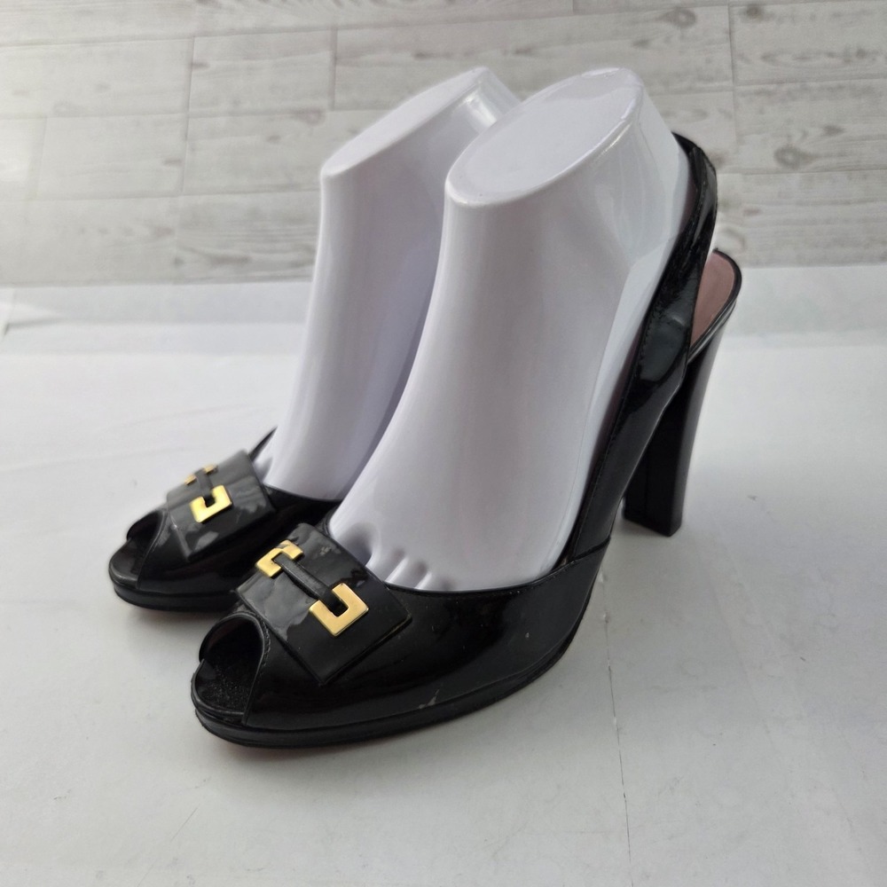 Isaac Mizrahi Black Patent Leather Slingback Heels Women's Size 9.5M Gold Buckle